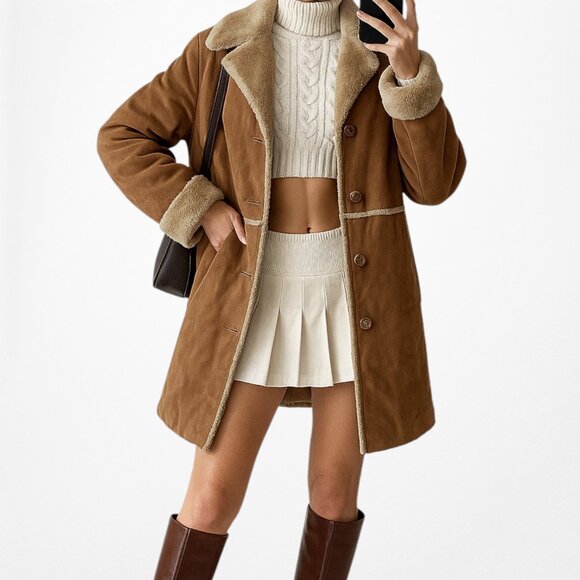 Vintage Y2K Ann Taylor Brown Suede Faux Fur Lined Penny Lane Coat Jacket Size M - Picture 1 of 8